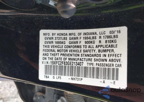 2016 Honda Civic Ex z USA, uszkodzony, nr VIN 19XFC2F83GE213407